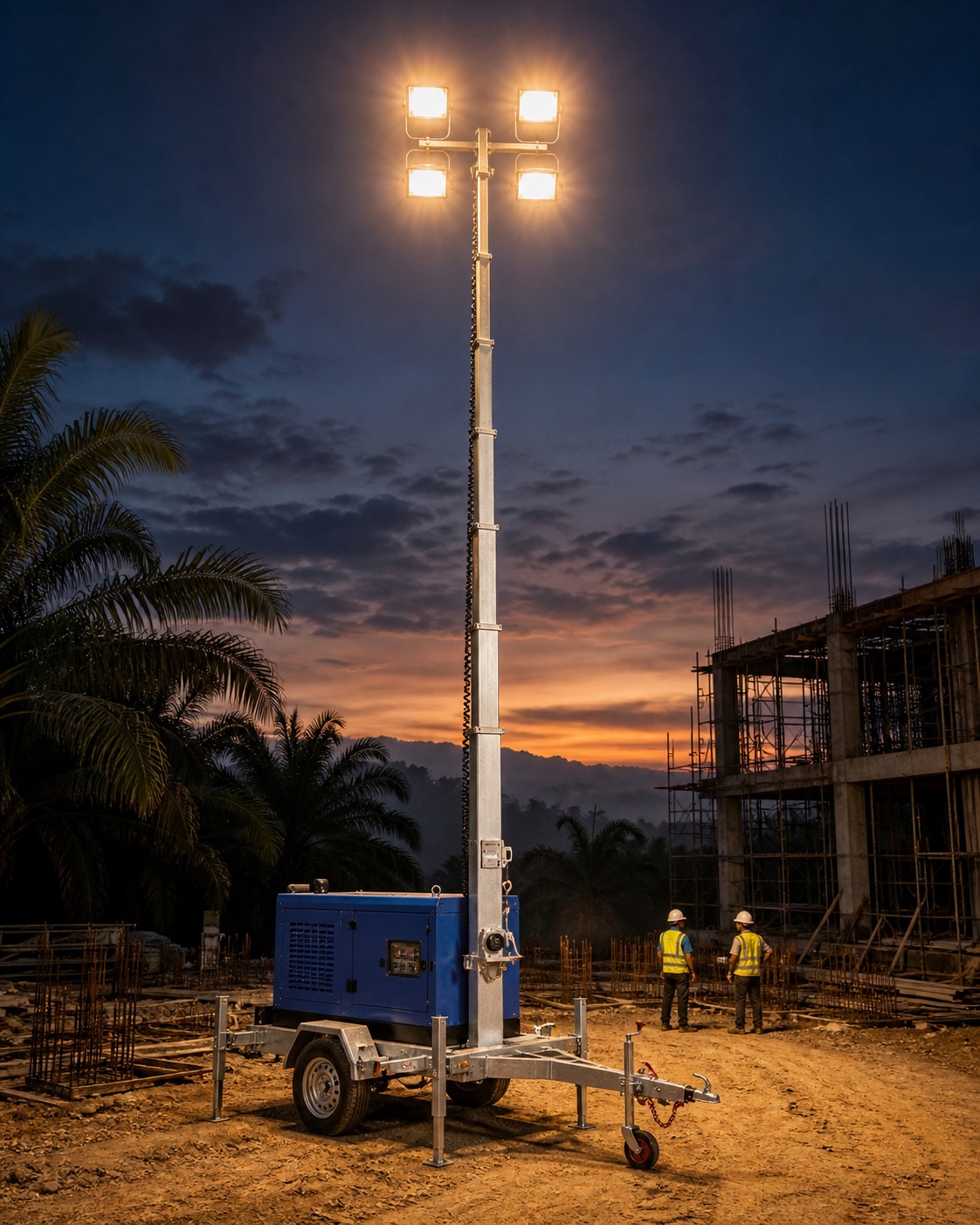 Blue mobile light tower on a galvanised trailer, mast raised with four floodlights in a 2 by 2 cluster