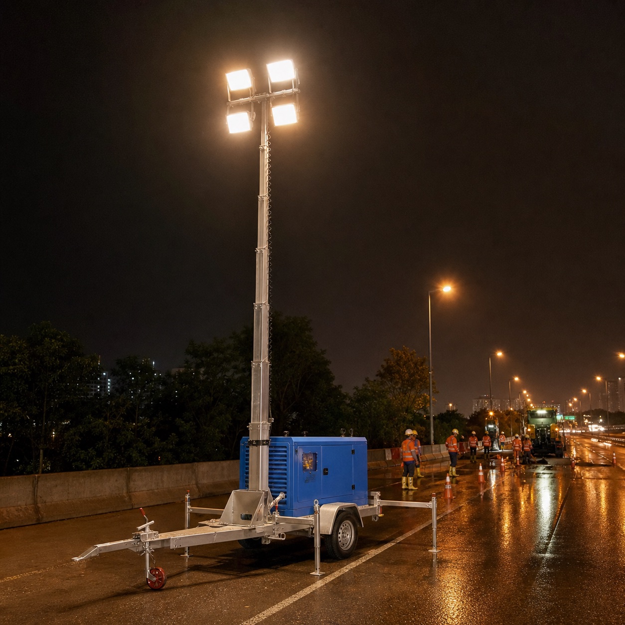 Mobile light tower illuminating a wet Malaysian highway roadworks lane at night