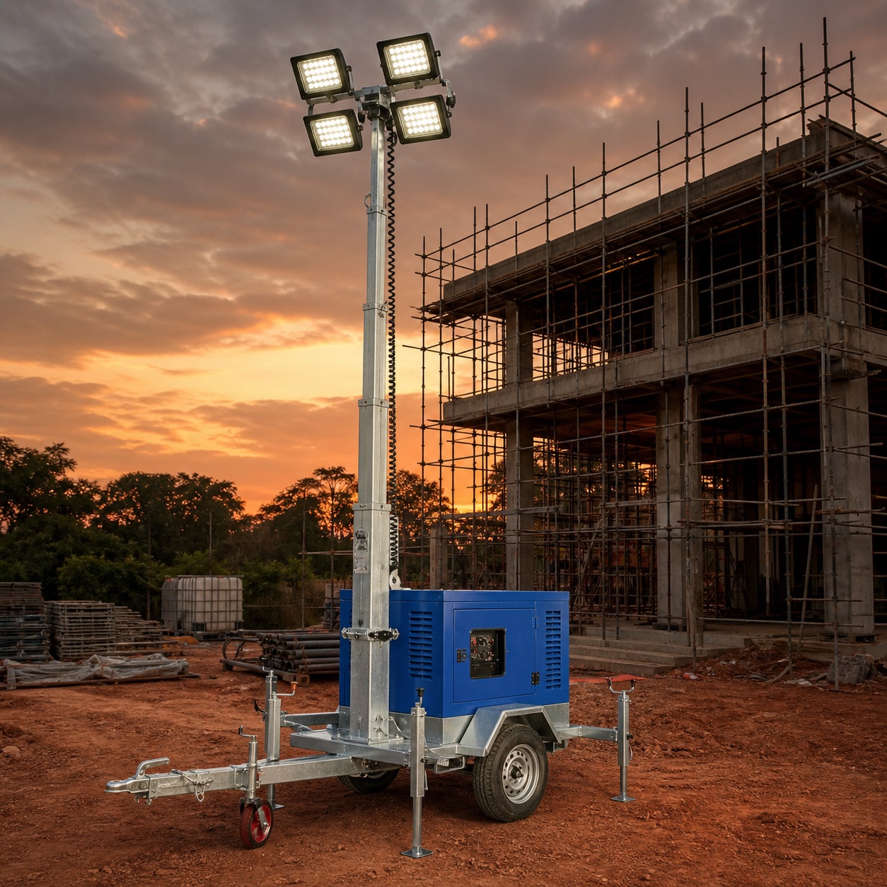 Mobile light tower raised beside a half-built Malaysian concrete structure at dusk