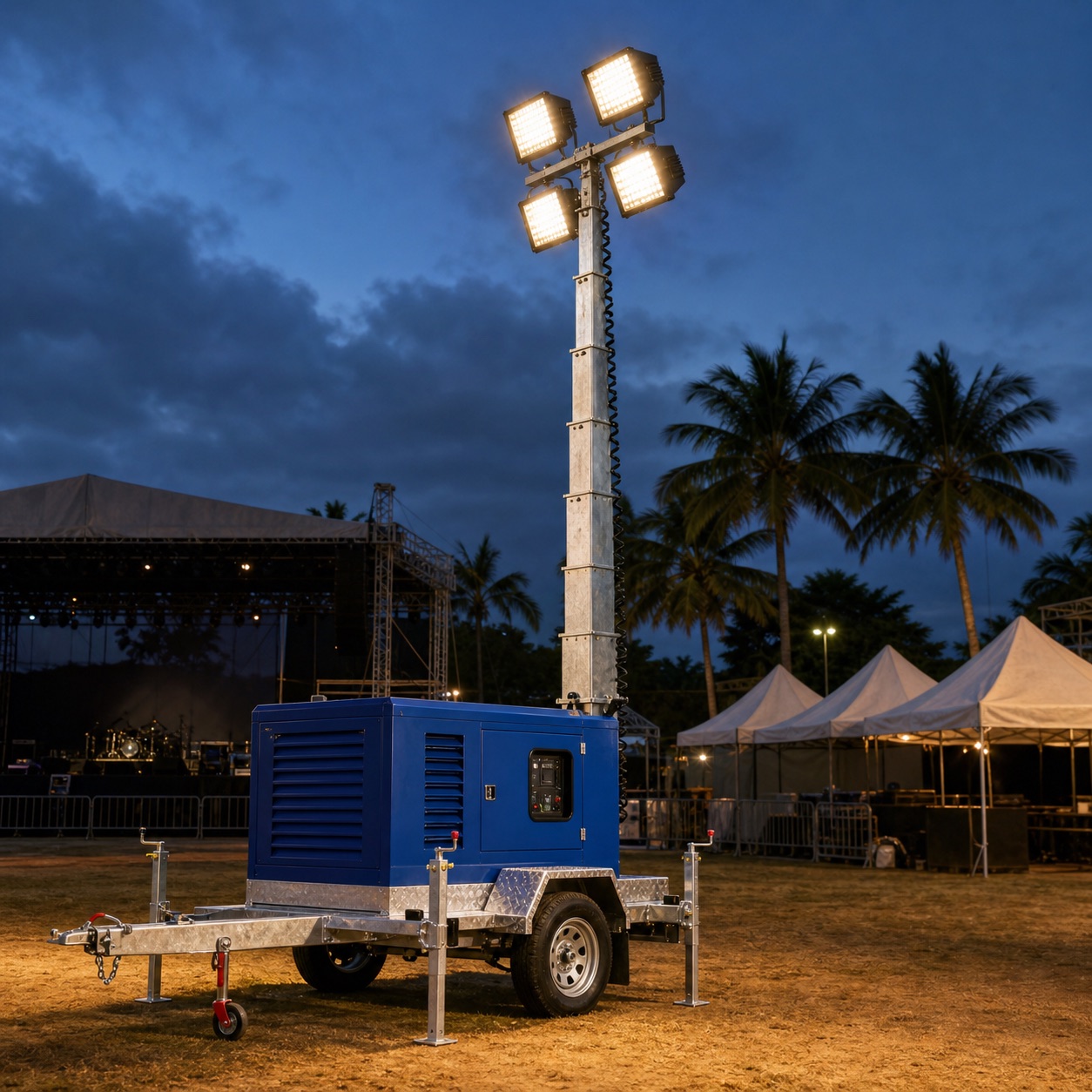 Mobile light tower lighting an outdoor event setup with tents and stage truss in Malaysia