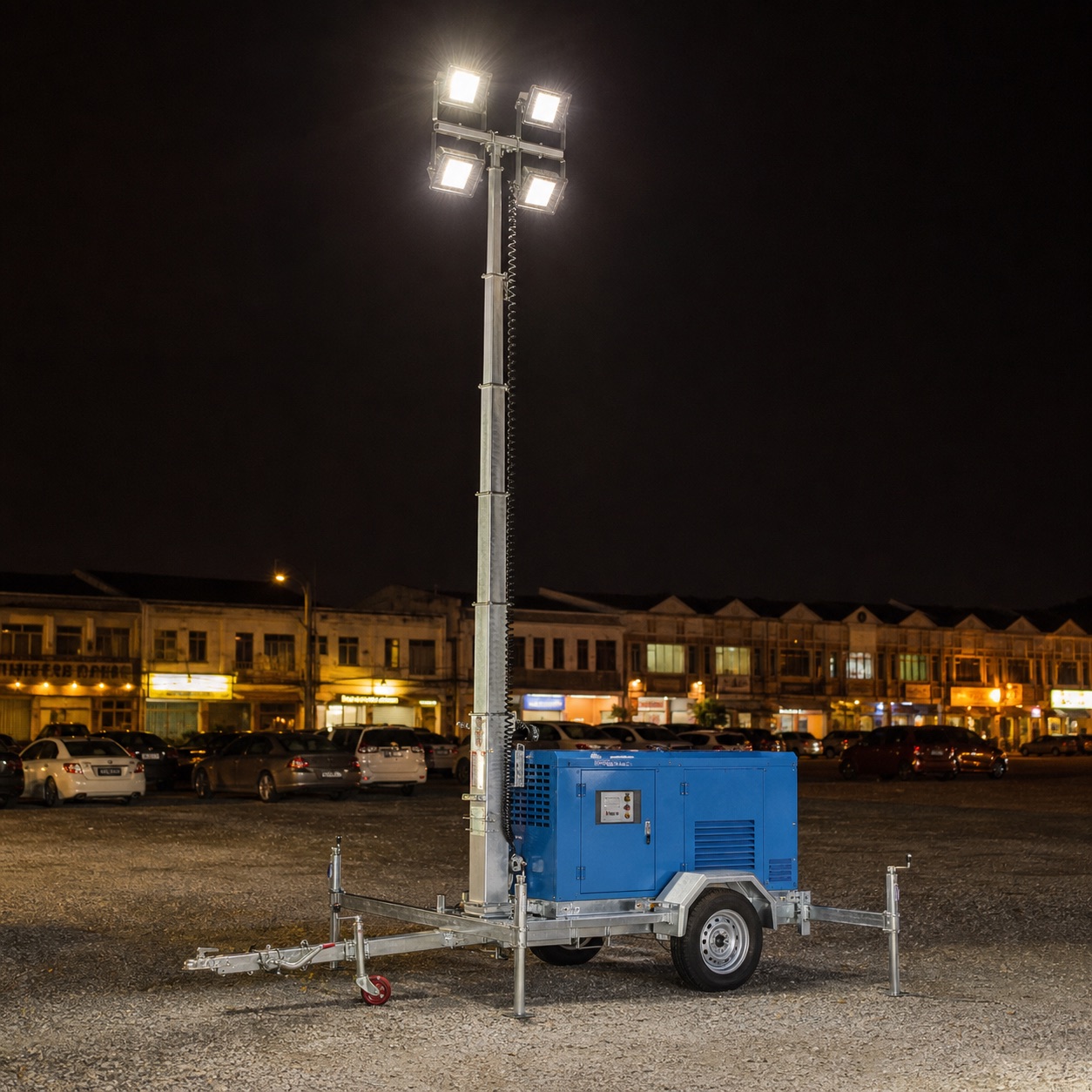 Mobile light tower lighting a gravel car park with shophouses in the background