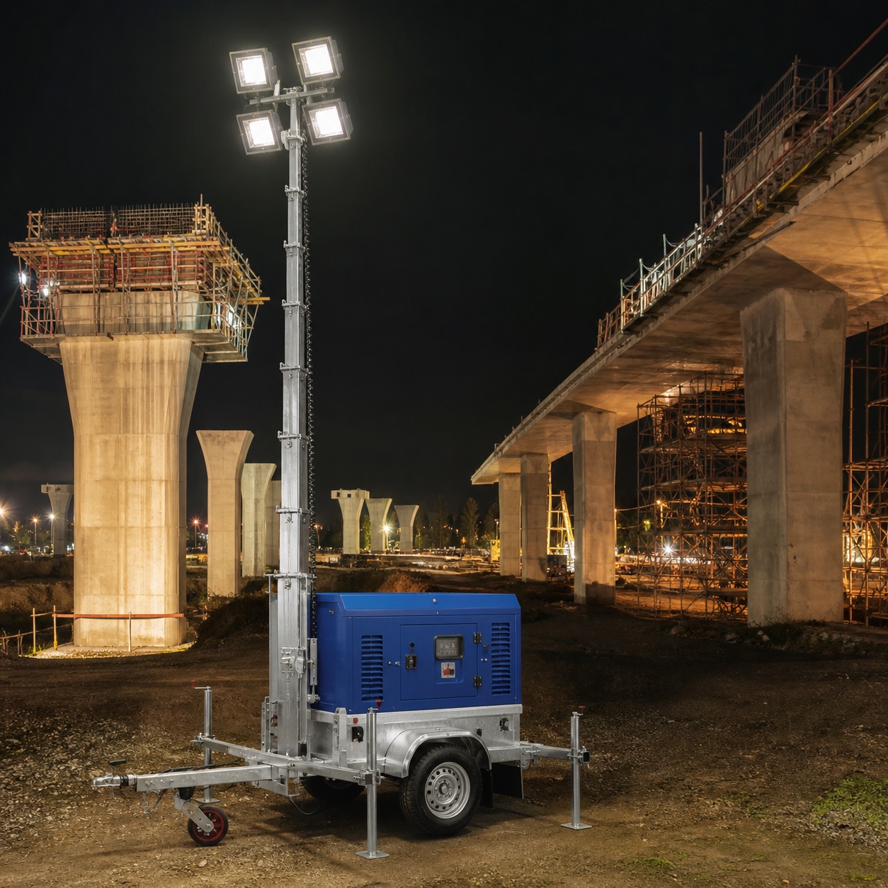 Mobile light tower illuminating flyover construction piers and formwork at night
