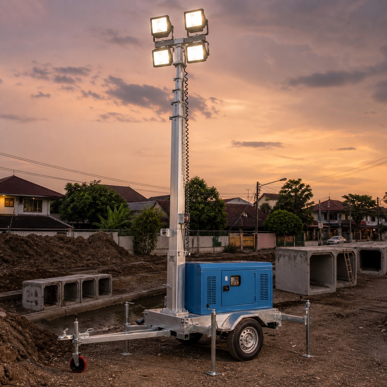 Mobile light tower beside monsoon drain works in a Malaysian suburb at dusk