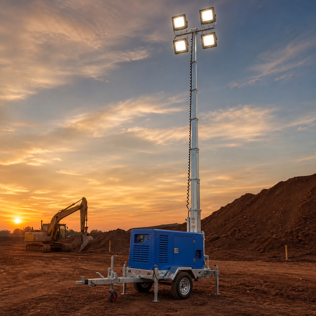 Mobile light tower raised on a Malaysian earthworks site with excavator and laterite mounds