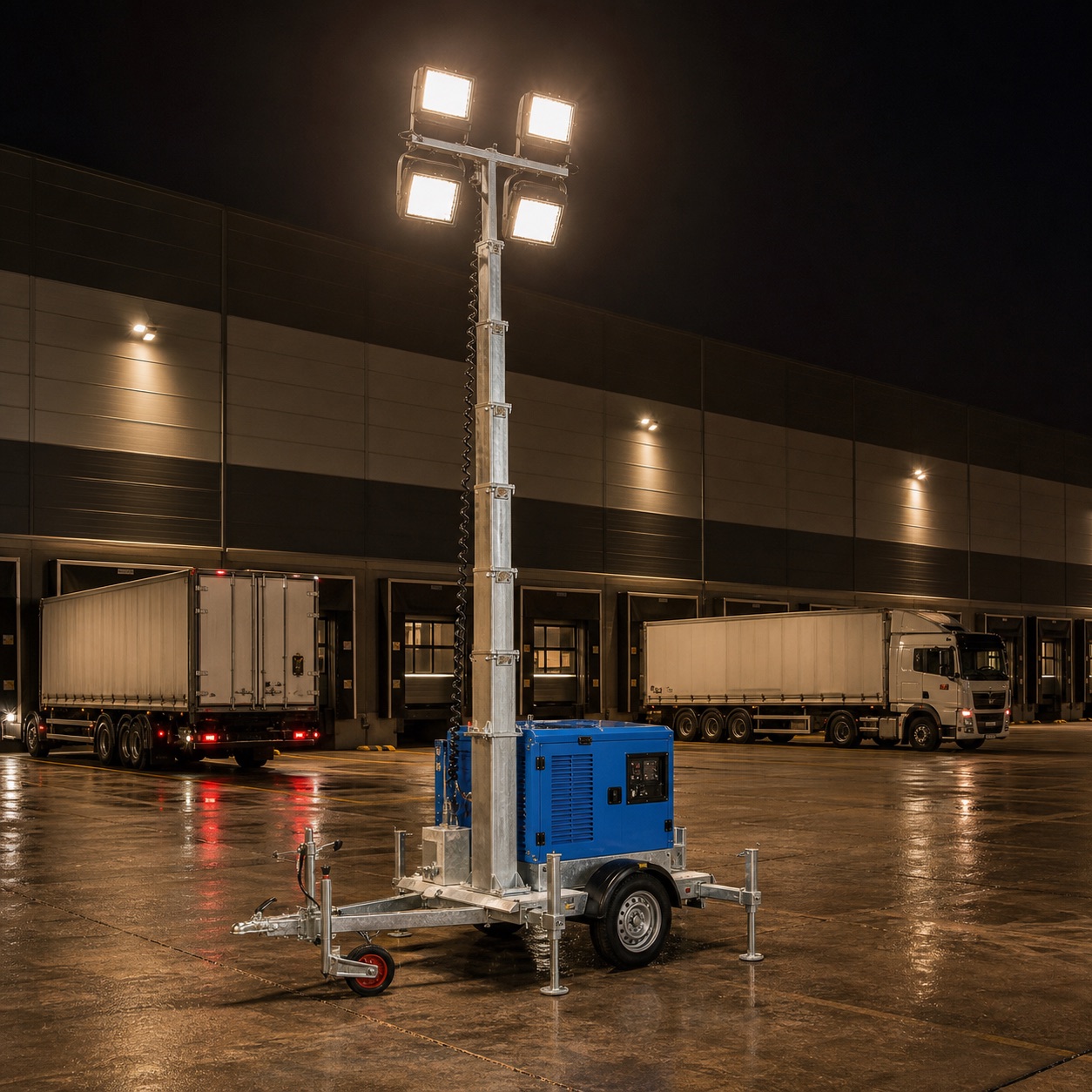 Mobile light tower lighting a wet warehouse loading yard with lorries reversing to bays