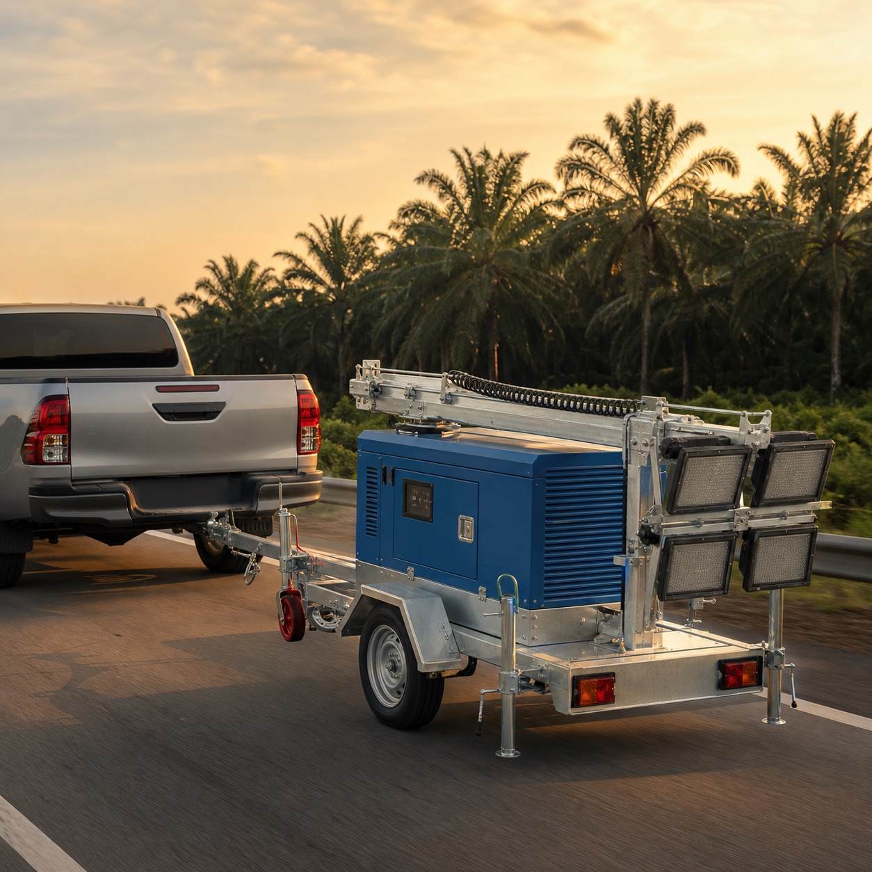 Folded mobile light tower being towed behind a pickup on a Malaysian trunk road