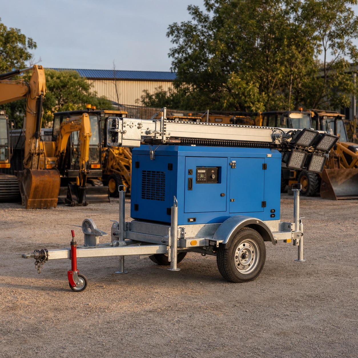 Folded mobile light tower parked in a Malaysian equipment hire yard