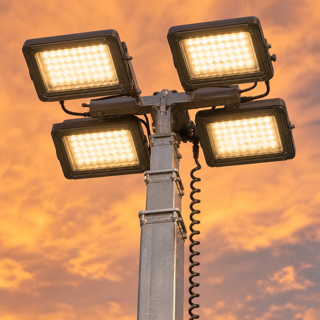 Close-up of four LED floodlight heads in a 2 by 2 cluster on a mobile light tower at dusk