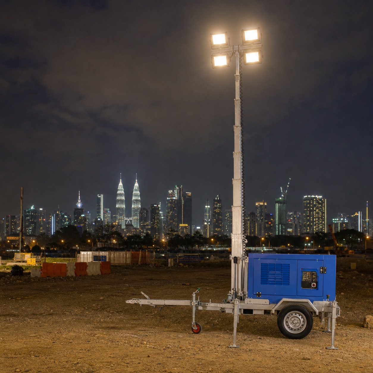 Mobile light tower dominating a Malaysian construction site at night with skyline behind