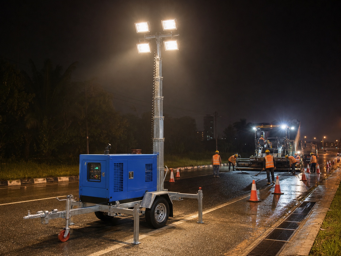 Blue mobile light tower on a wet Malaysian roadworks site, floodlights lighting workers and traffic cones
